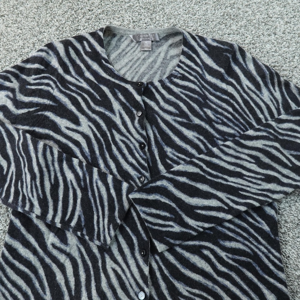 Charter Club Cardigan Womens M Gray Zebra Animal Print Cashmere Button Sweater